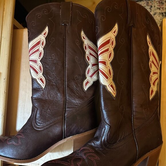 EUC Dingo Women's Brown Cowboy Boots Red Butterfly Inlay Leather size- 8.5 - Picture 1 of 9